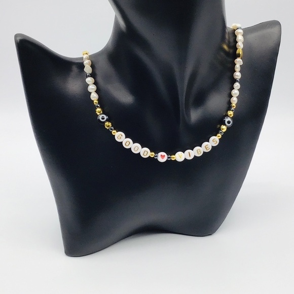 Necklace Good Vibes Evil Eye Fresh Water Pearls Hematite Beads Gold Tone Heart - Picture 4 of 13